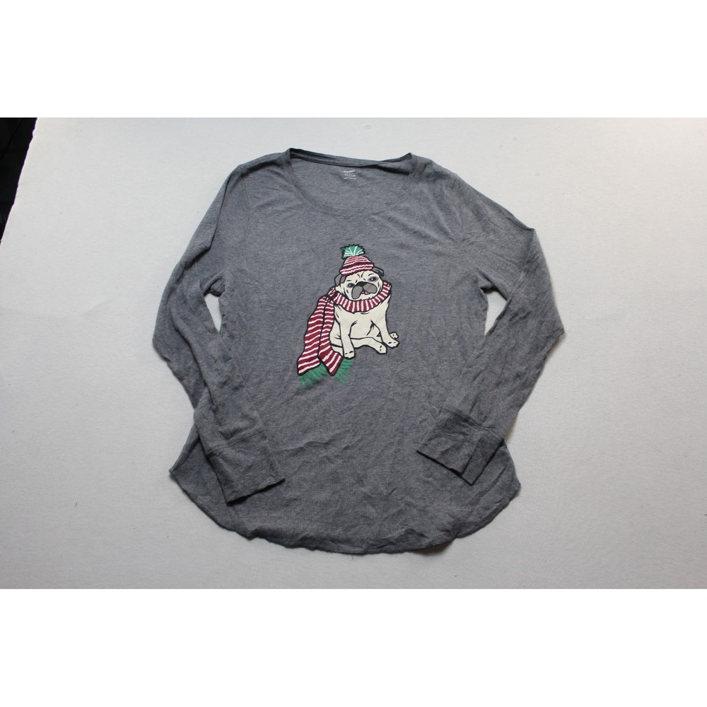 Old Navy Thermal Top Women Extra Large Gray Excellent Pug Holiday Waffle Knit